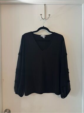 Calvin Klein Black V-Neck Sheer Tiered-Sleeve Blouse